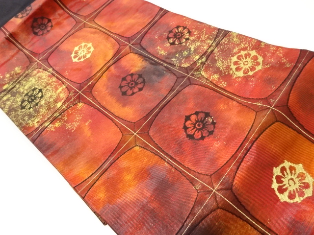 JAPANESE KIMONO / VINTAGE NAGOYA OBI / WOVEN ABSTRACT GRID & FLOWER
